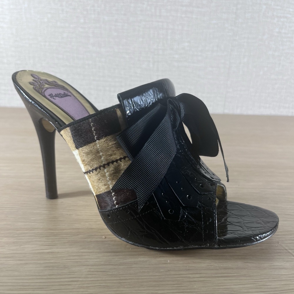 Hale Bob Pony Hair Plaid Patent Leather Mule Heels Bow Peep Toe 10 CityCore
